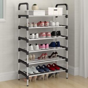 Stainless Steel Shoe Rack Organizer Foldable Durable Portable Size 60 cm x 30 cm x 110 cm (6 Layer, Black)