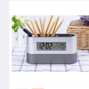 Oval Desk Clock Stand With Clock Pen Holder Time Alarm Snooze Calendar Temperature Name Card Holder